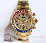 42mm Rolex Daytona Rainbow Replica Watch Gold Case Diamond Dial